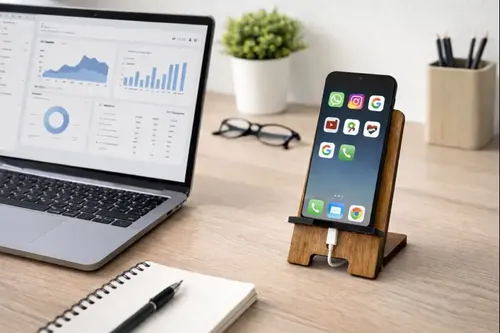 Suporte Celular Smartphone Mesa Padrão Freijó Com Passa Cabo - miniatura 3