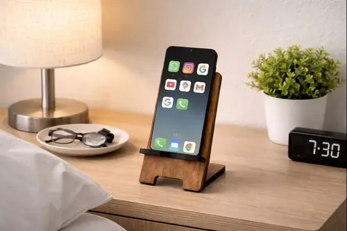 Suporte Celular Smartphone Mesa Padrão Freijó Com Passa Cabo - miniatura 8