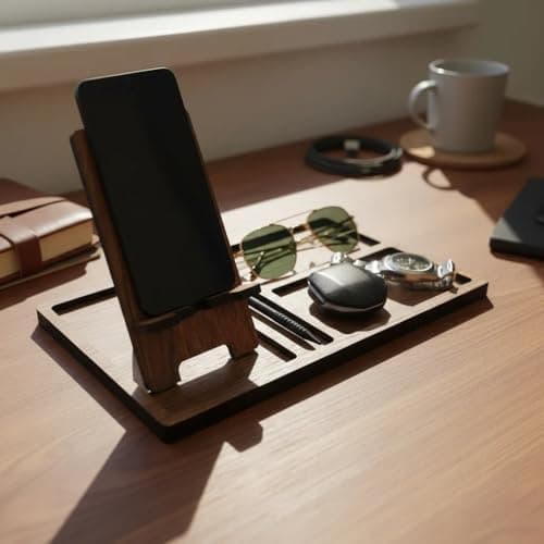Organizador de Mesa com Suporte para Celular Removivel – Madeira Freijó – Organização para Escritório, Home Office e Quarto - miniatura 4