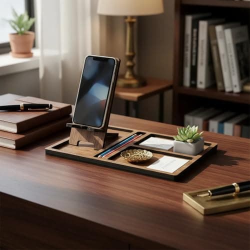 Organizador de Mesa com Suporte para Celular Removivel – Madeira Freijó – Organização para Escritório, Home Office e Quarto - miniatura 7