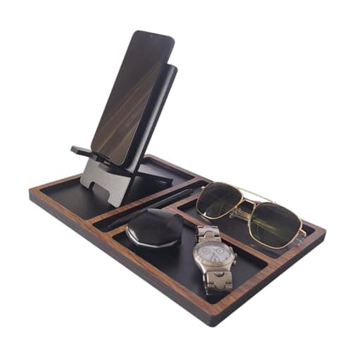 Porta Celular com Organizador Multifuncional – Design Ousado com Base Preta e Divisórias em Padrão Freijó – Compartimentos para Objetos do Dia a Dia - miniatura 2