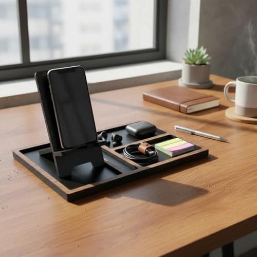Porta Celular com Organizador Multifuncional – Design Ousado com Base Preta e Divisórias em Padrão Freijó – Compartimentos para Objetos do Dia a Dia - miniatura 3