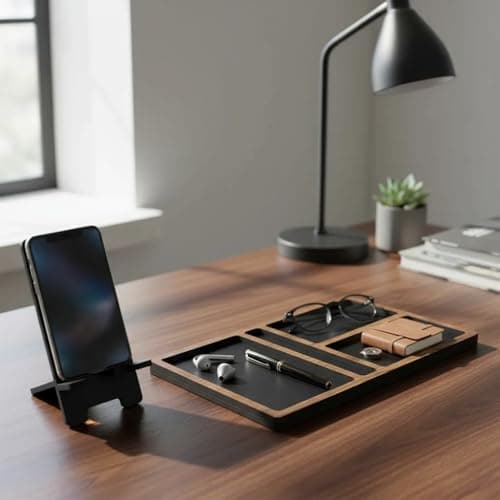 Porta Celular com Organizador Multifuncional – Design Ousado com Base Preta e Divisórias em Padrão Freijó – Compartimentos para Objetos do Dia a Dia - miniatura 5