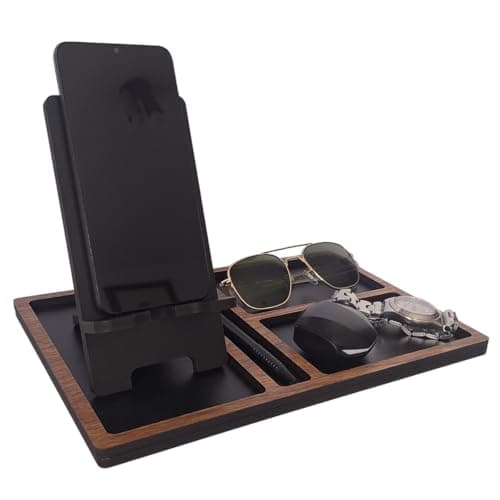 Porta Celular com Organizador Multifuncional – Design Ousado com Base Preta e Divisórias em Padrão Freijó – Compartimentos para Objetos do Dia a Dia - miniatura 6